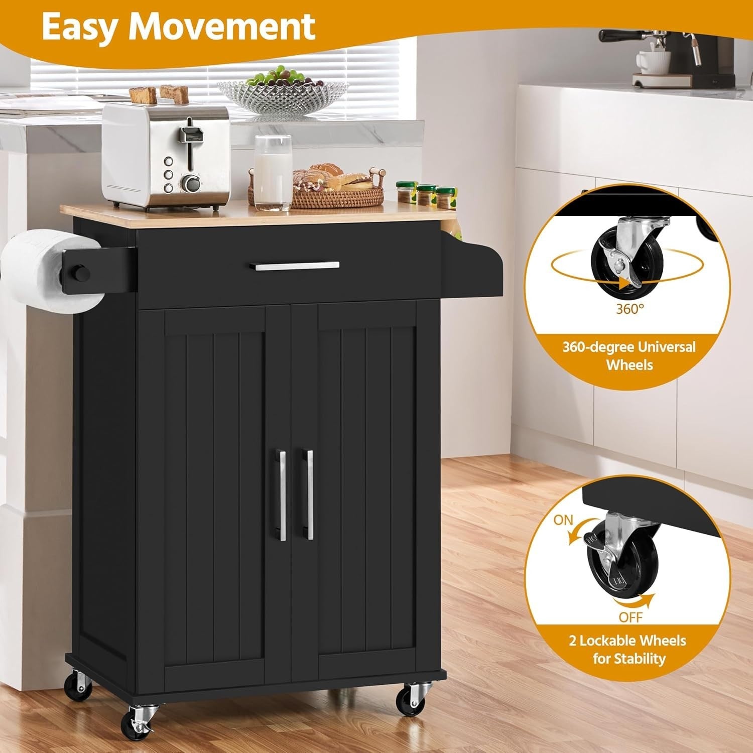 Black Kitchen Island Cart on Wheels w/ Bamboo Top Cabinet