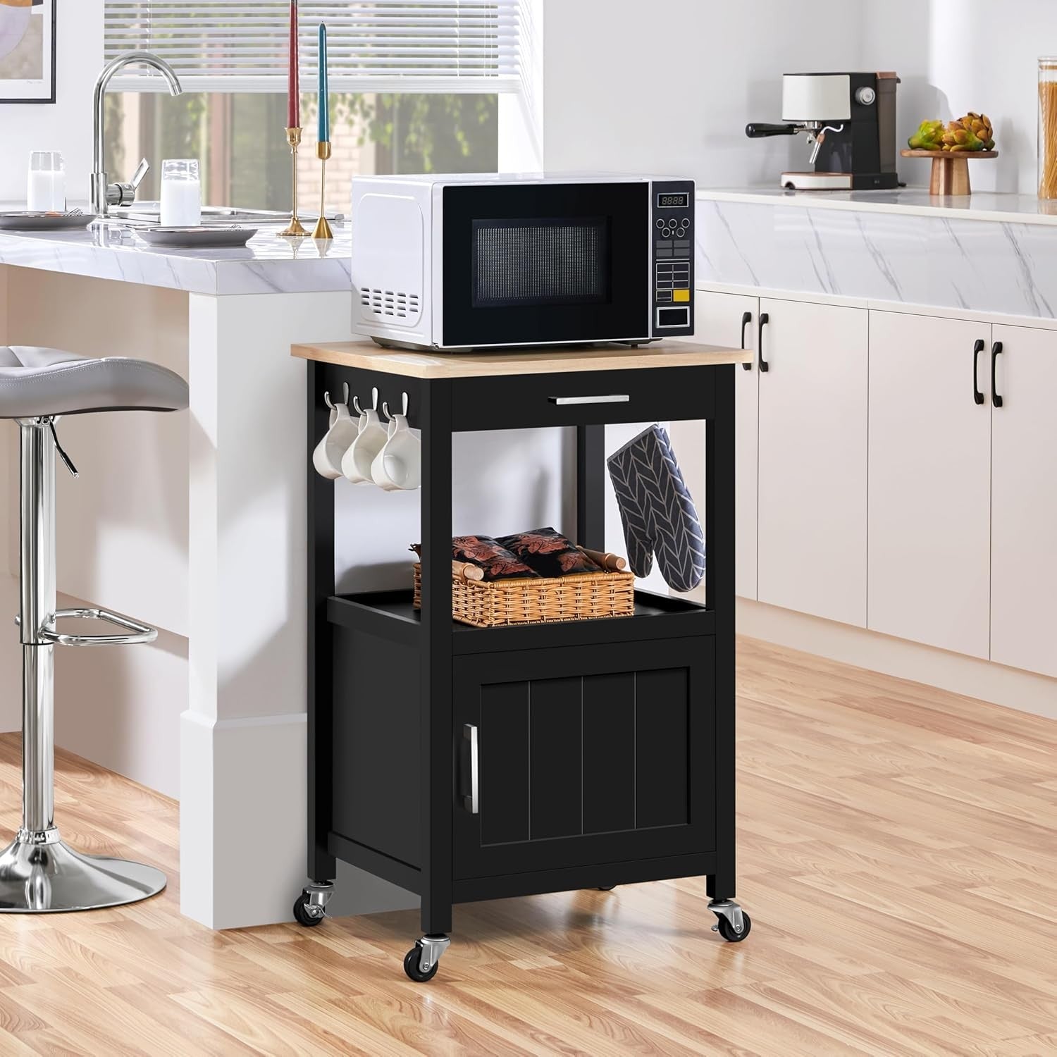 Kitchen Island Trolley on Wheels with Cabinet Drawer Hooks Rolling Utility Cart