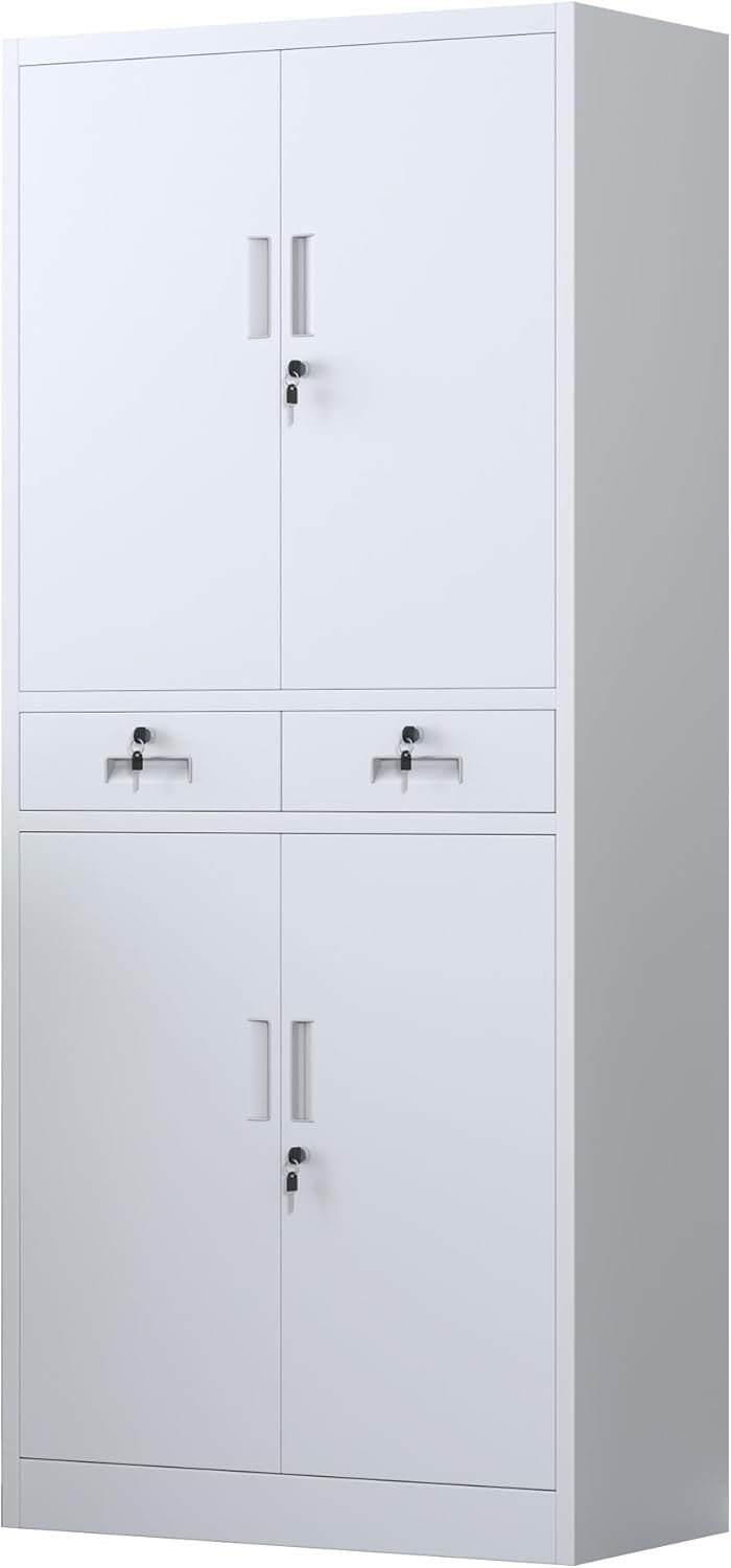 White Metal Storage Cupboard with Locks Drawers Adjustable Shelves 180cm