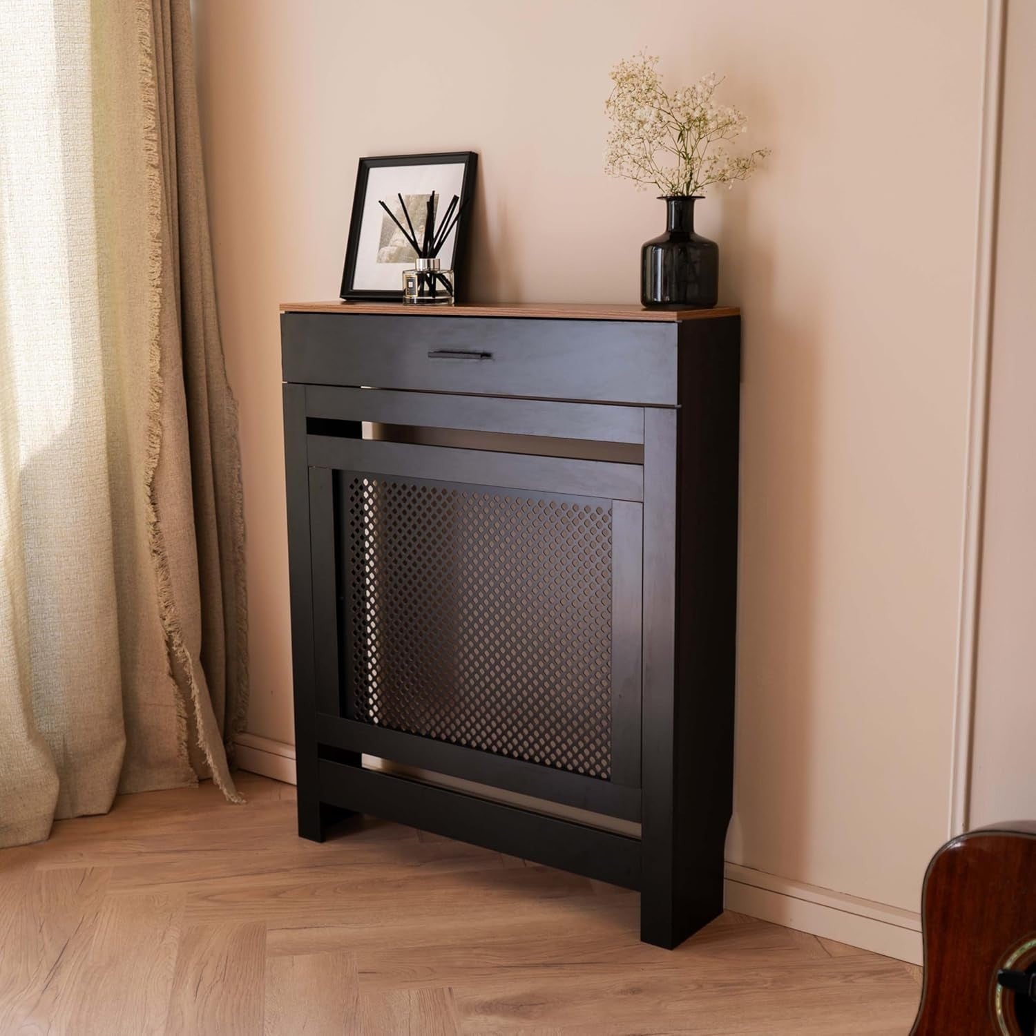 lack Radiator Cover with Drawer Diamond Slat W78xH96cm Modern Wooden Cabinet