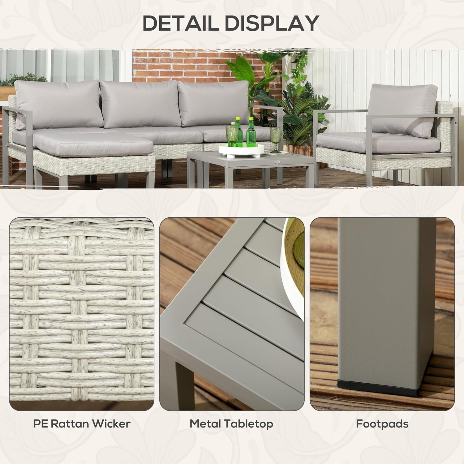 6pc Light Grey Rattan Sofa Set Table Chairs Footstool Garden Patio Set
