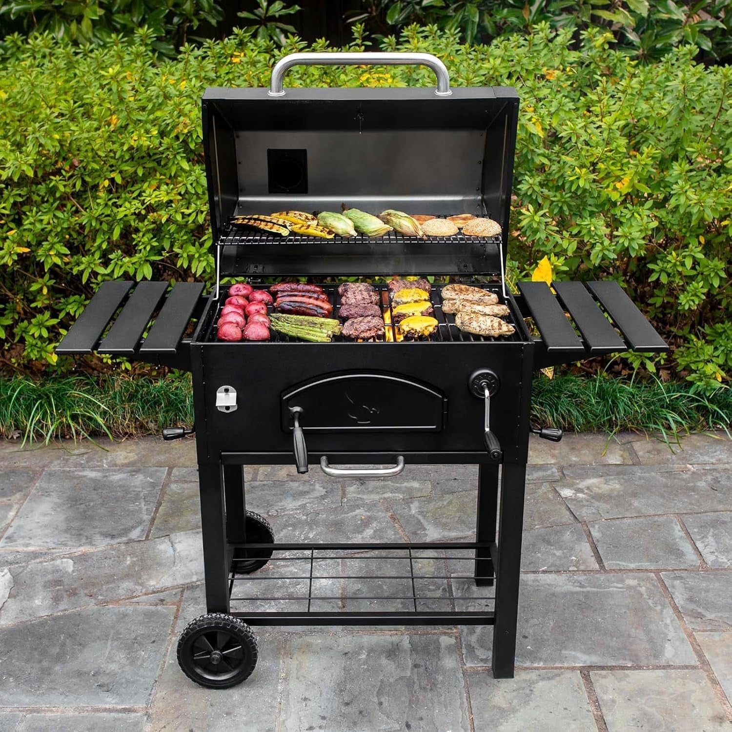 Large Charcoal BBQ Grill & Smoker with Shelves, Thermometer, Heavy-Duty Steel