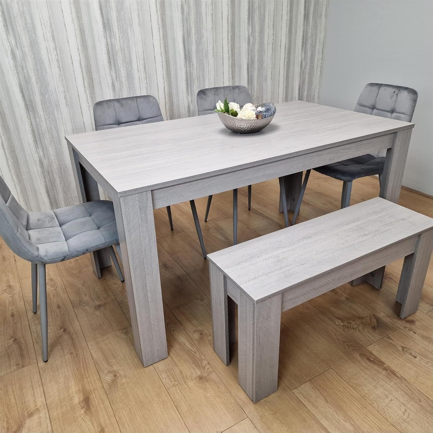 Grey Velvet Dining Table Set with 4 Chairs & Bench – Durable, Stylish Design