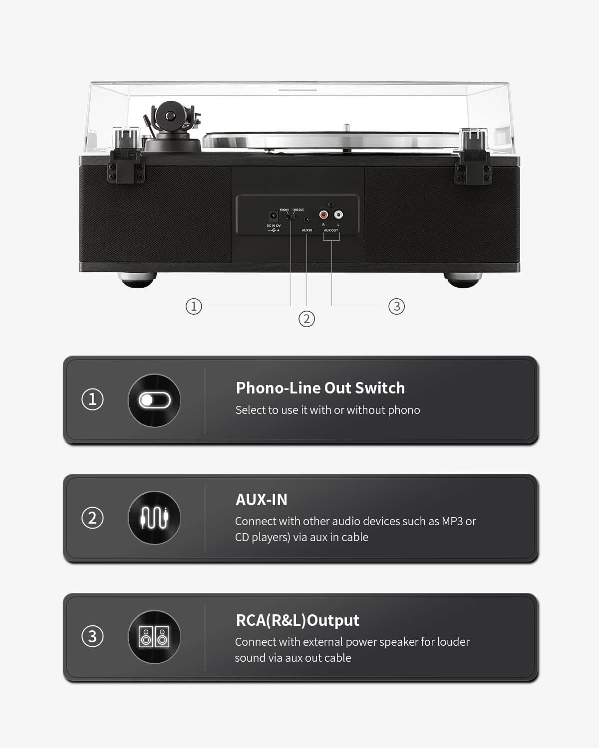 Bluetooth Vinyl Record Player HiFi Turntable Built-in Speakers 2-Speed Belt Driv
