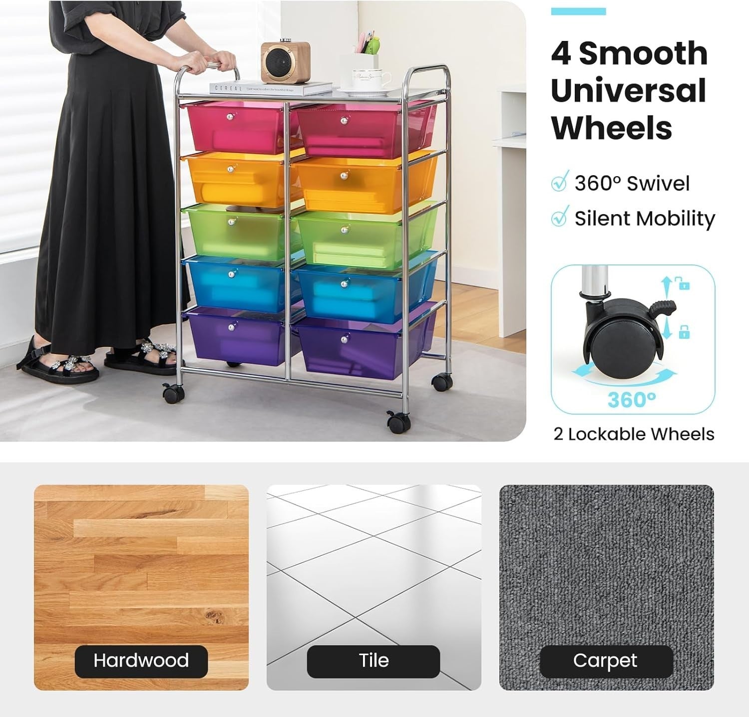 Rainbow 10 Drawer Rolling Storage Cart Utility Trolley Craft Organizer