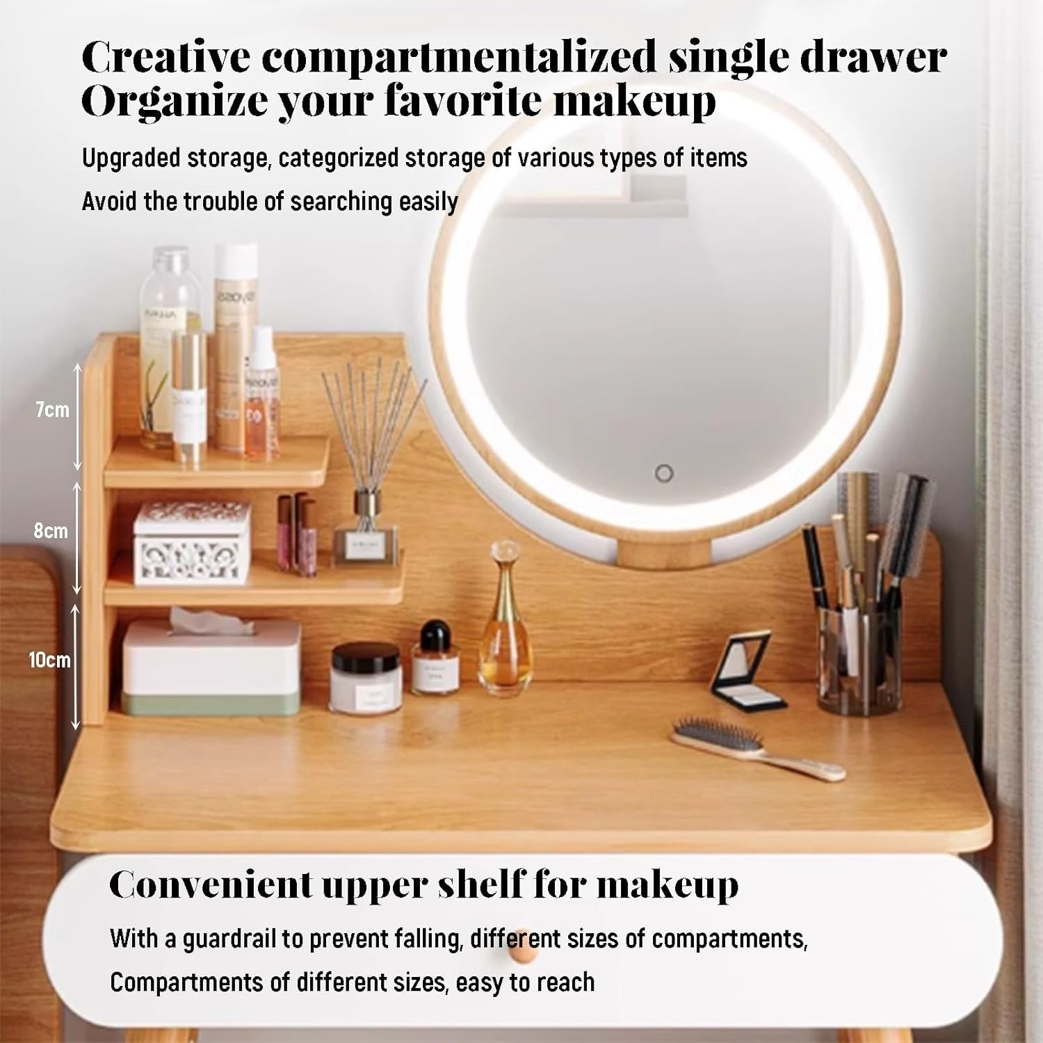 Maple Wood 1-Drawer Vanity Desk Makeup Table LED Mirror Storage Cabinet