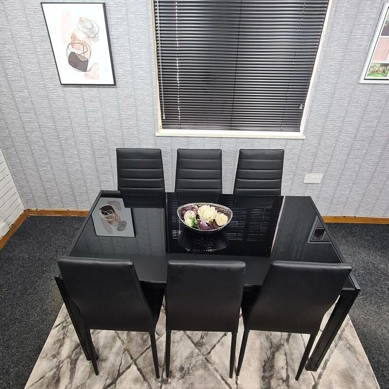 Black Glass Dining Table Set with 6 Leather Chairs Modern 6 Seater 134cm