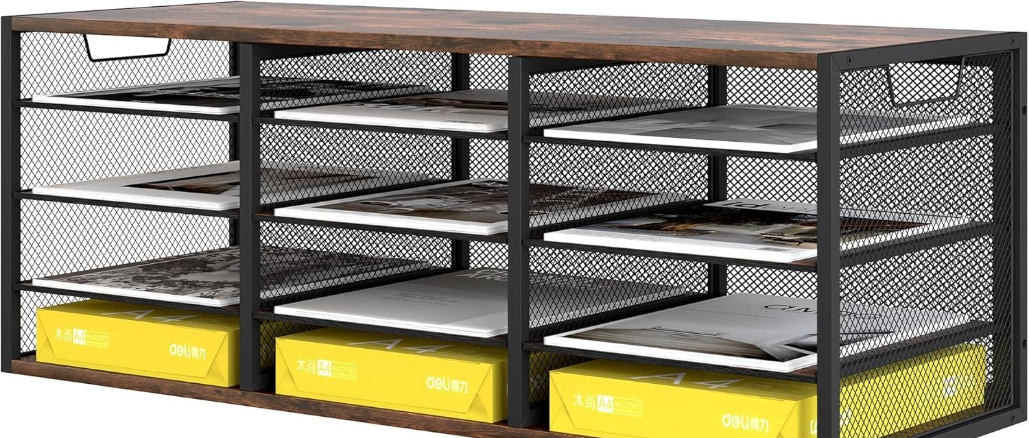 Metal & Wood Desk Paper Organizer 12 Compartments A4 Sorter