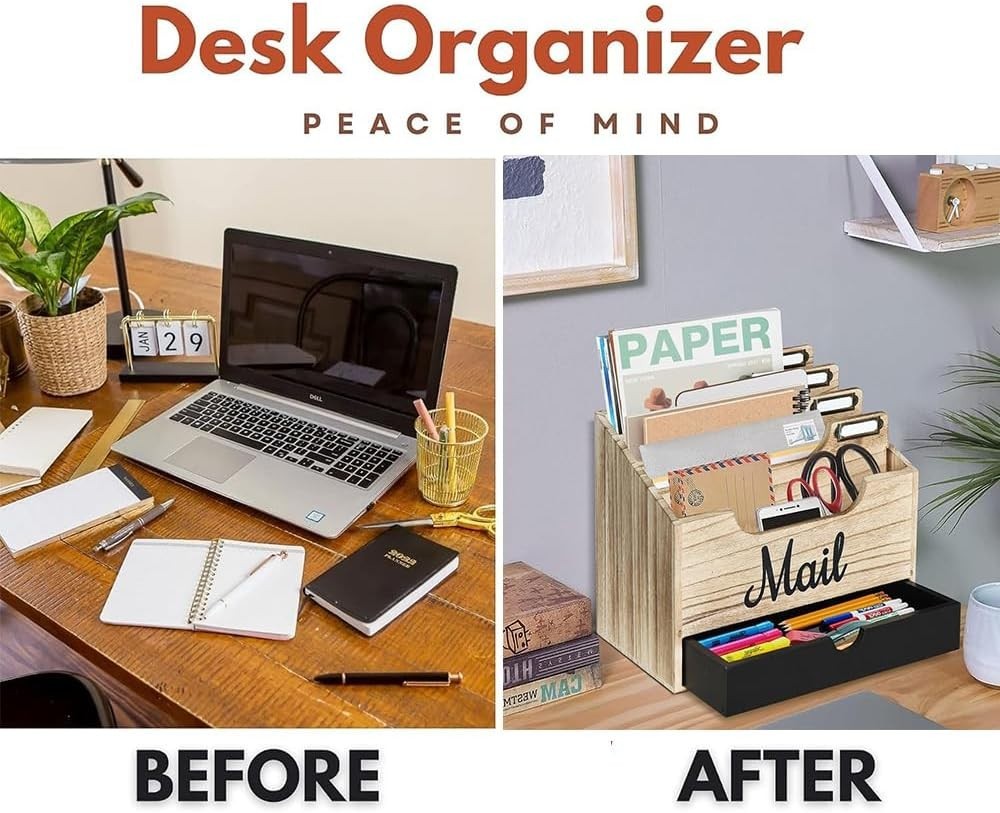 Wood Desktop Mail Organizer with 4 Compartments & Drawer, File Holder