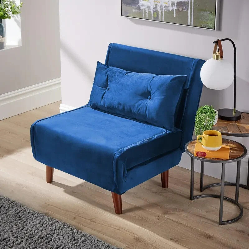 Blue Velvet Single Sofa Bed Chair Folding Seat Guest Sleeper with Pillow