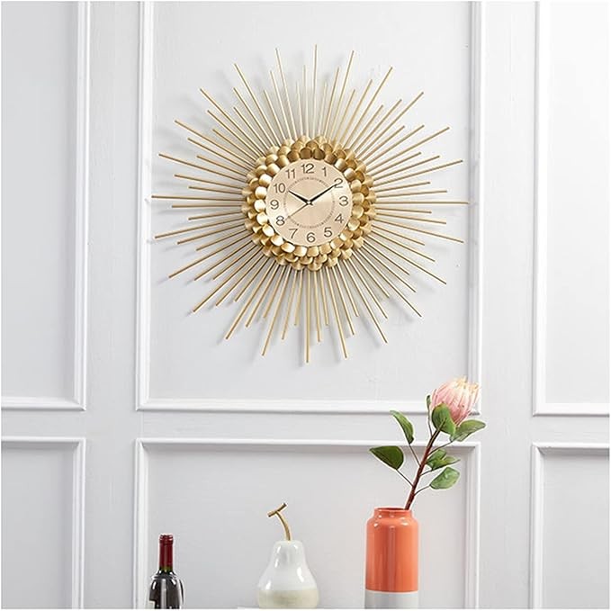 Luxury Gold Sunburst Wall Clock 60cm Modern Metal Silent Quartz Home Decor