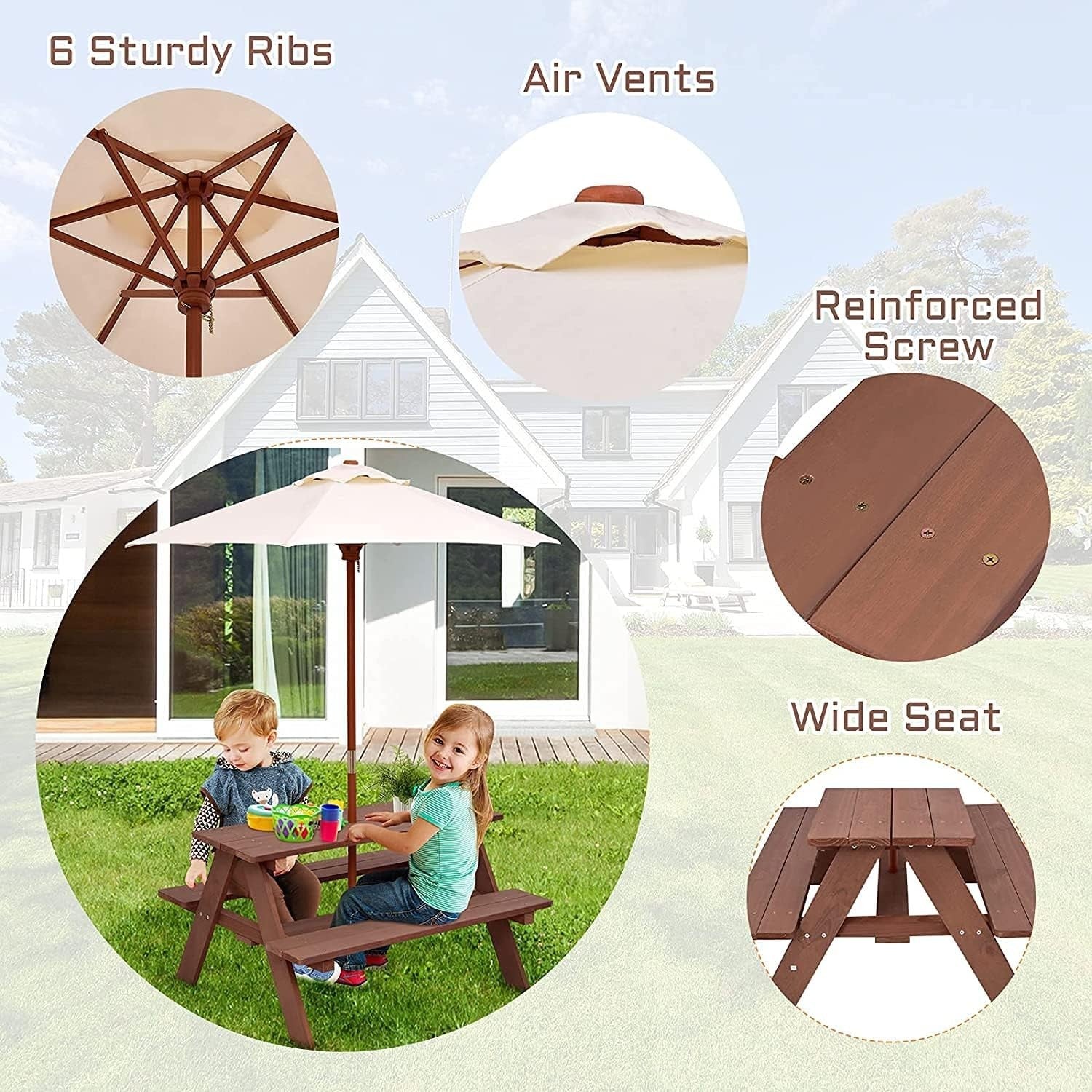 Kids Wooden Picnic Table with Removable Umbrella, Outdoor Bench Set