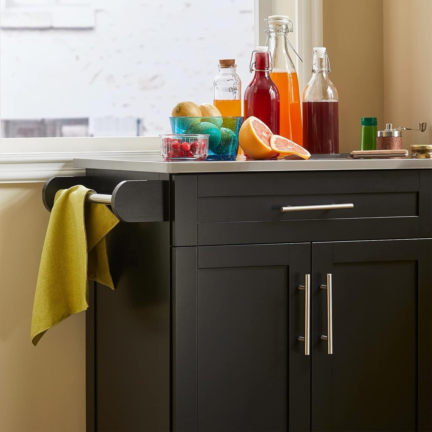 Mobile Kitchen Island Cart with Stainless Steel Top, Storage Drawer & Cabinet