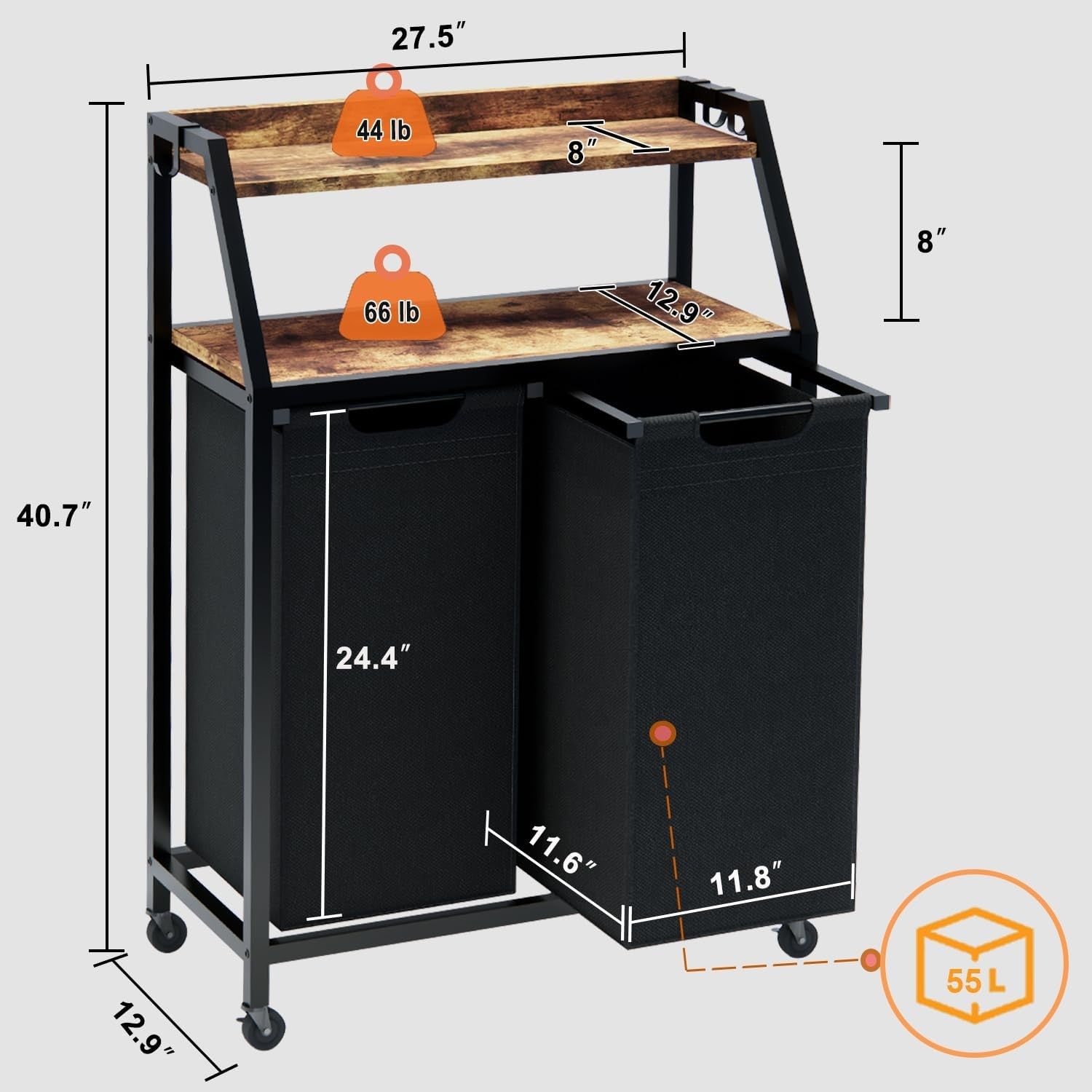 2-Section Laundry Sorter on Wheels with Shelves Rustic Wood Top Pull-Out Hampers
