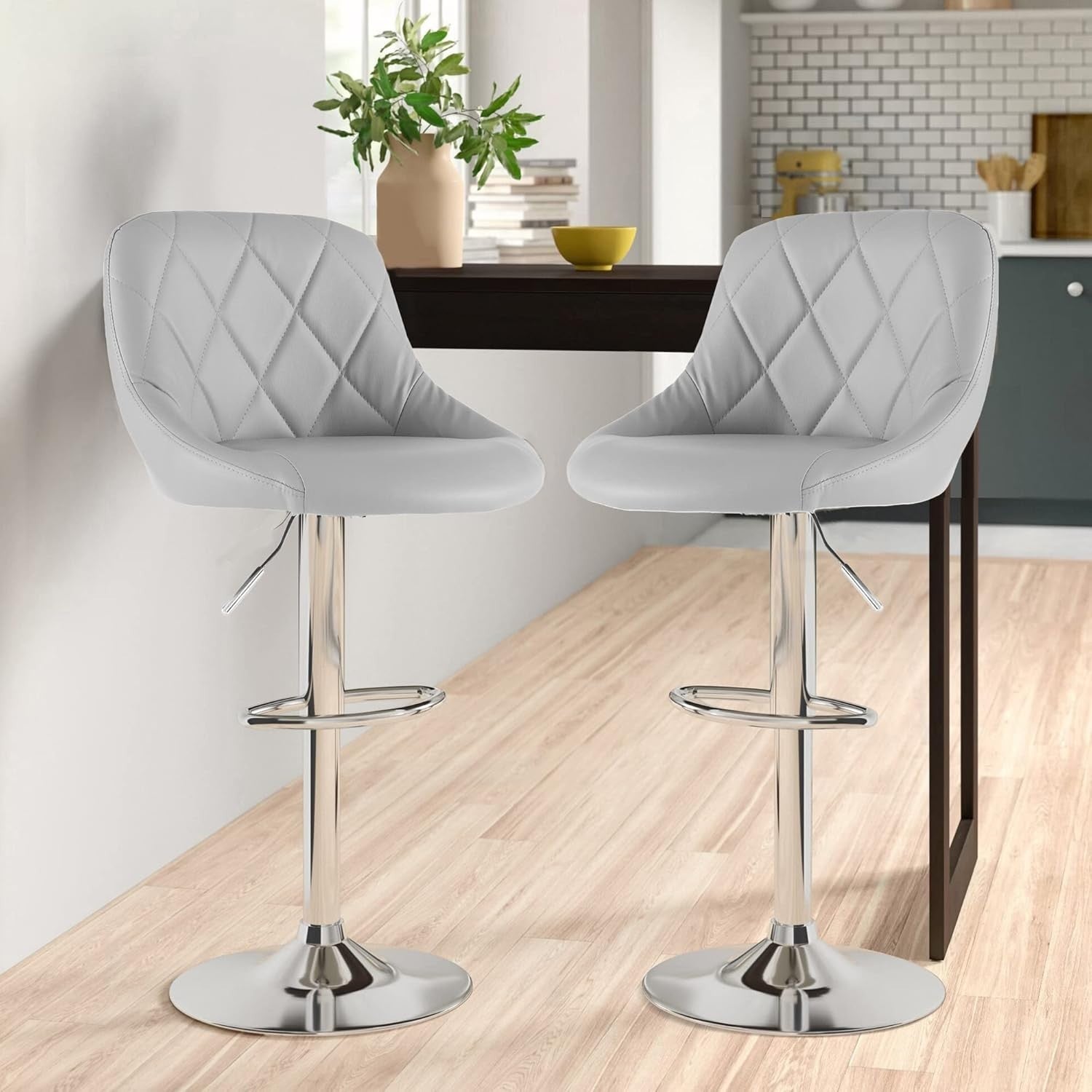 Grey Faux Leather Adjustable Swivel Bar Stools Set of 2 Chrome