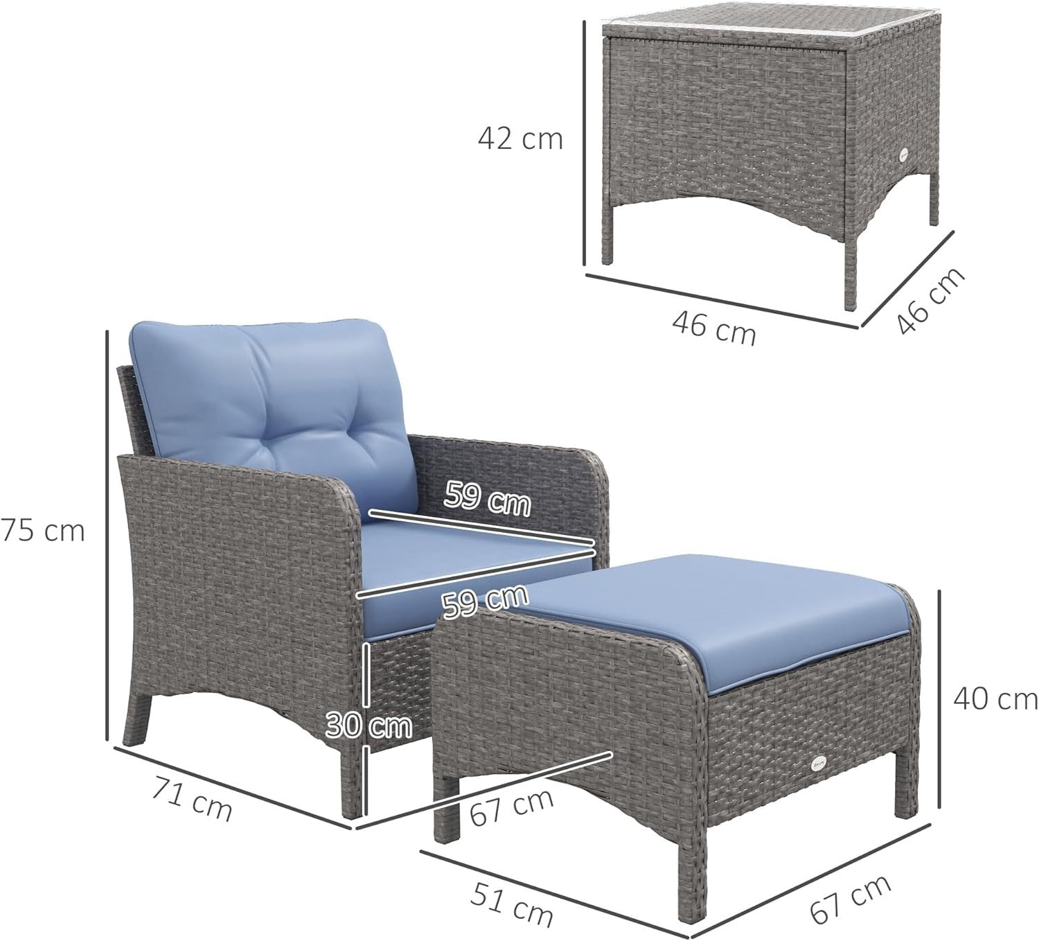 5pc Rattan Garden Furniture Set Outdoor Chairs Table Stools Blue Cushions