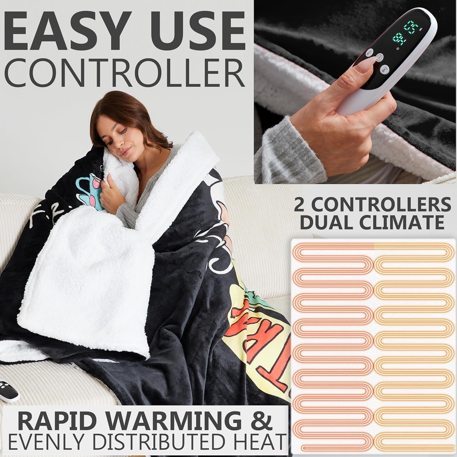 King Size Electric Heated Blanket 230x265cm Sherpa Fleece 9 Heat Timer