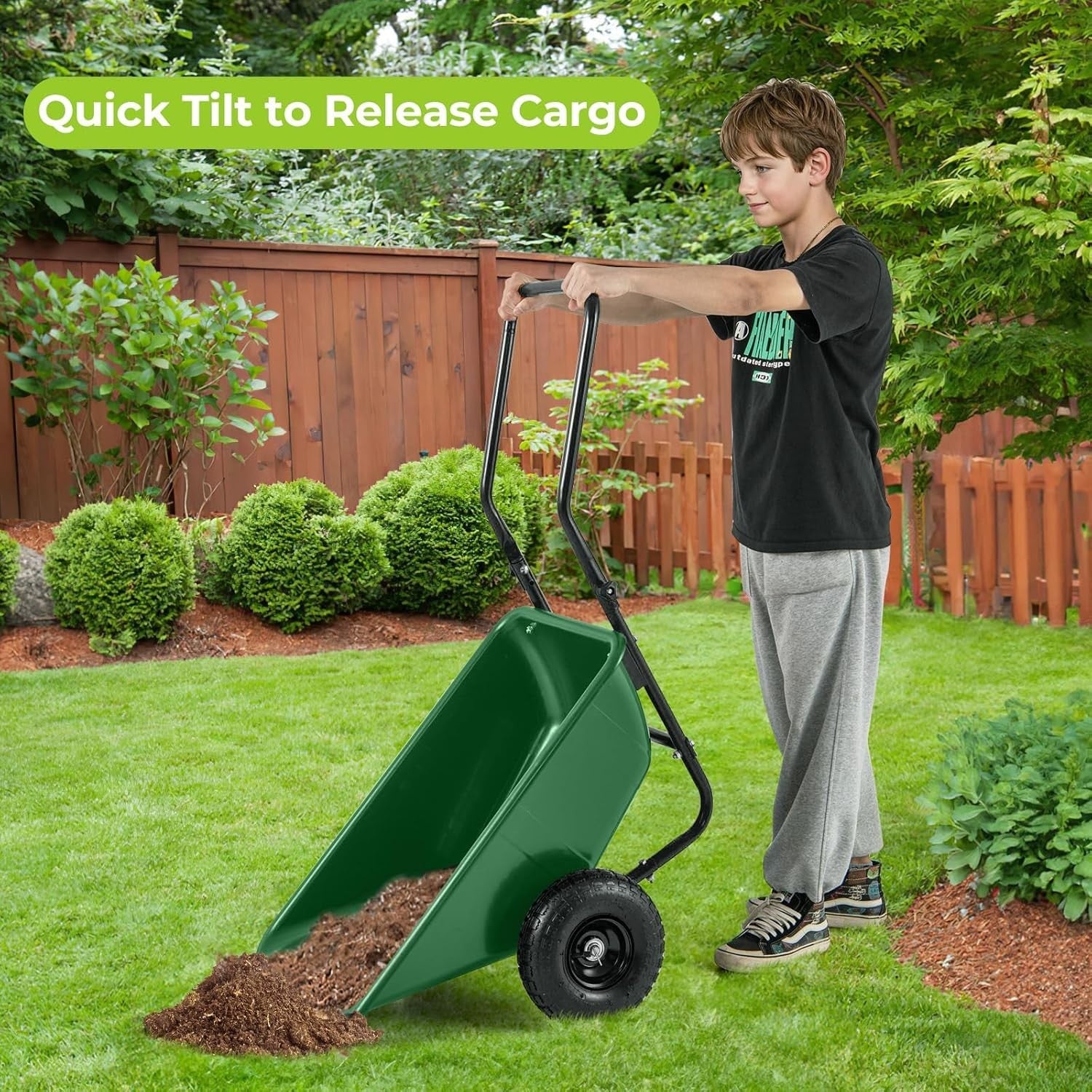 80L 2-Wheel Wheelbarrow Green+Black – Pneumatic Tyres w/ Adj Handle 100kg Cap