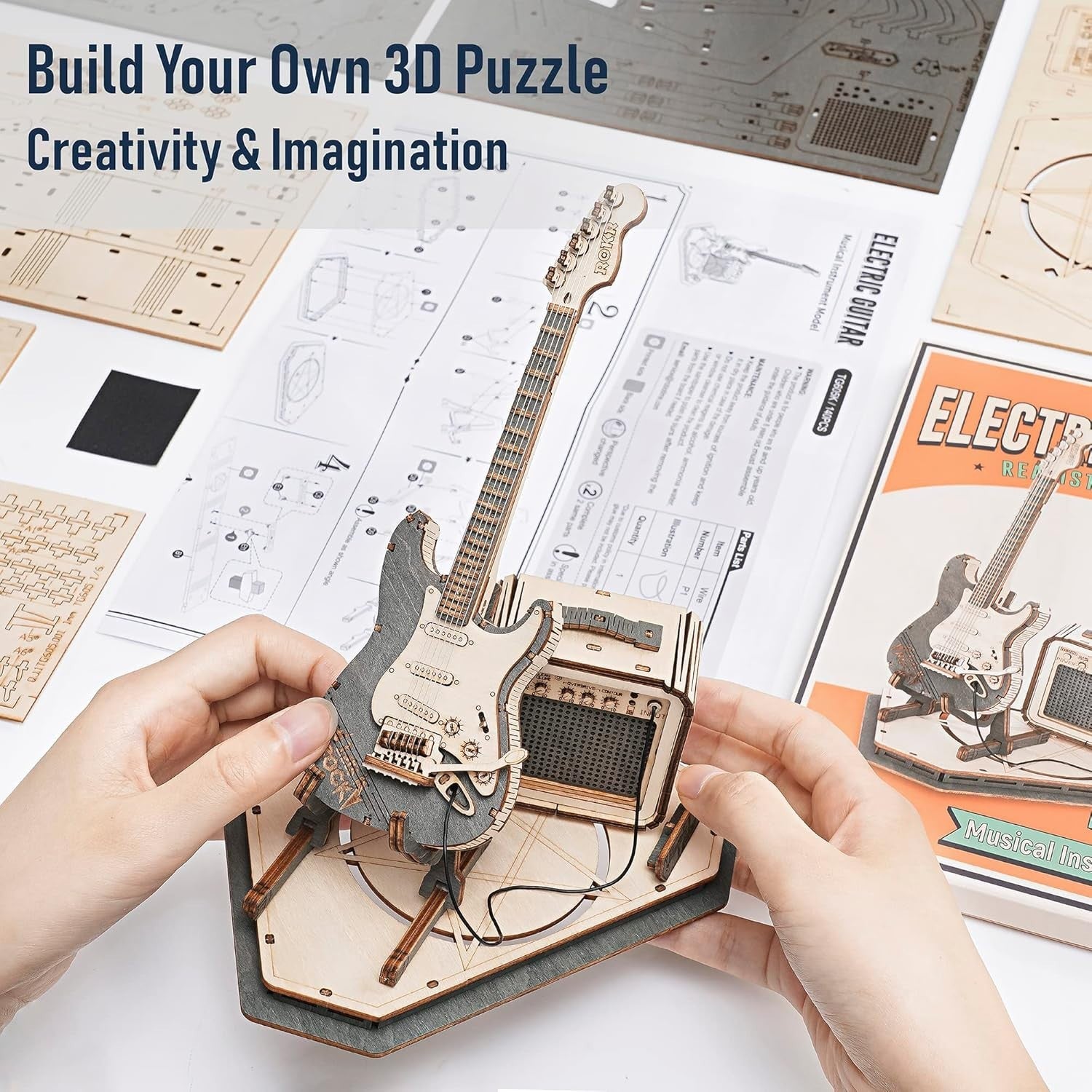 3D Wooden Guitar Puzzle Model Kit – DIY Craft, Musical Instrument Decor