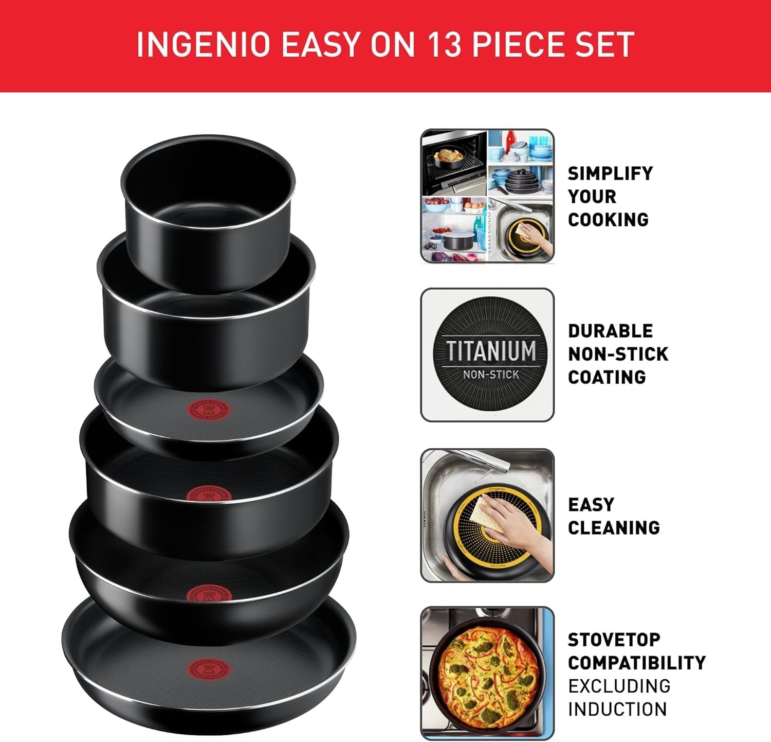 13pcs Non Stick Pots & Pans Cookware Set Stackable Easy Clean Removable Handle