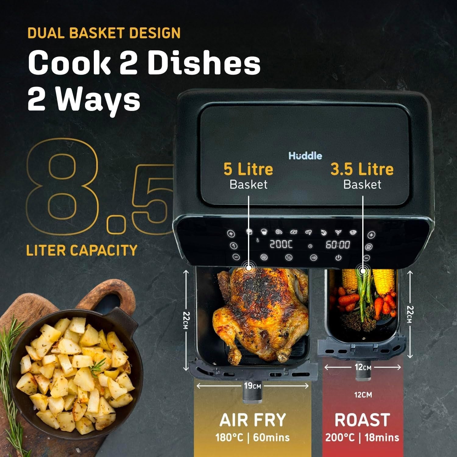 8.5L Dual Basket Air Fryer, 75% Less Fat, Fast Oil-Free Cooking, 8 Presets