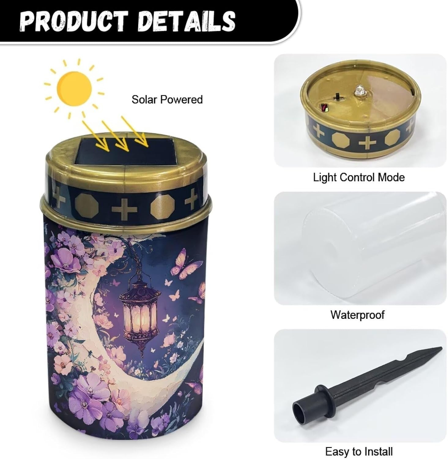 Moon Solar Cemetery Lights Purple Floral Grave Lanterns 8 Sets