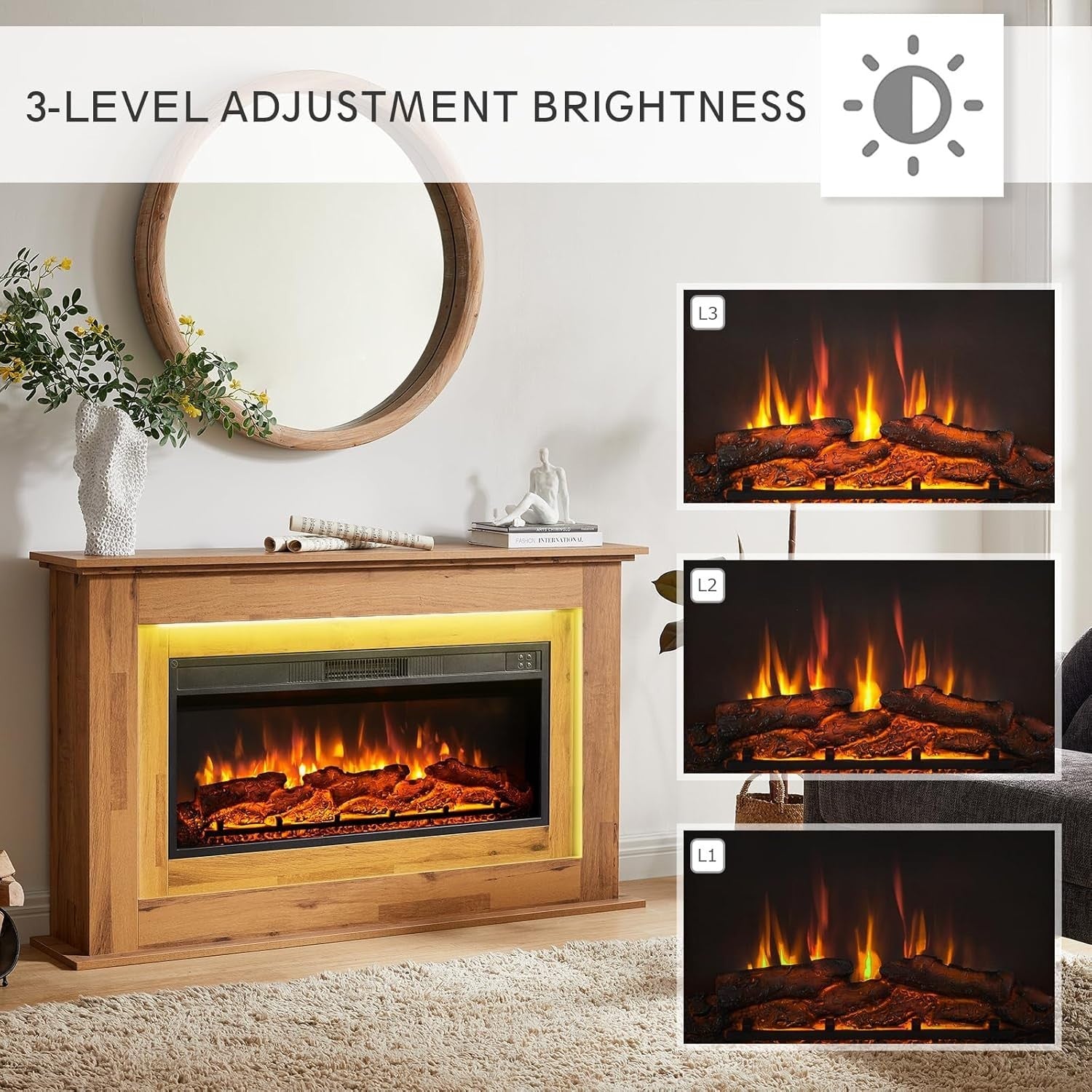 50" Electric Fireplace Heater Freestanding 2000W Realistic Flame LED