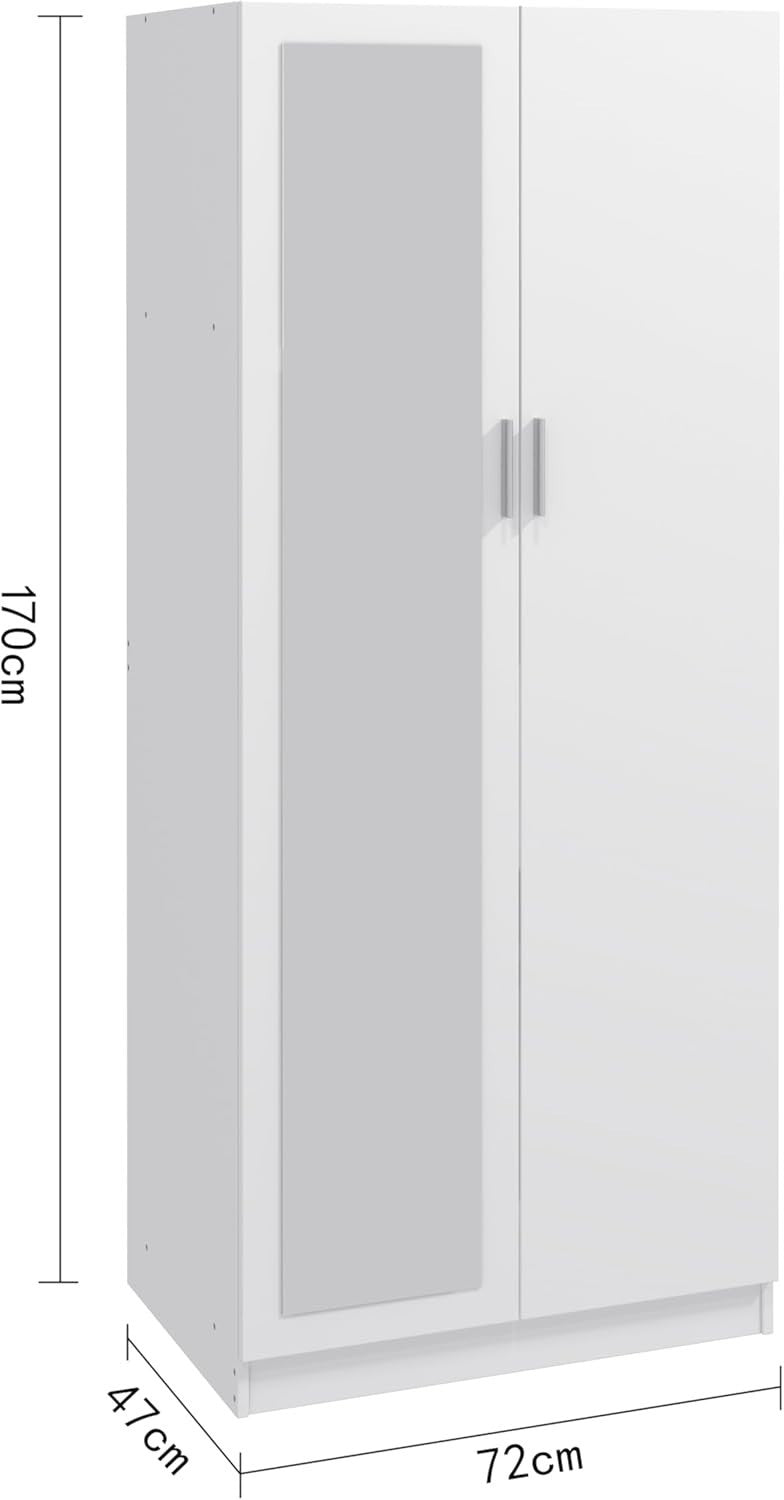 Tall White Mirrored Wardrobe 2 Door Closet Storage with Hanging Rail