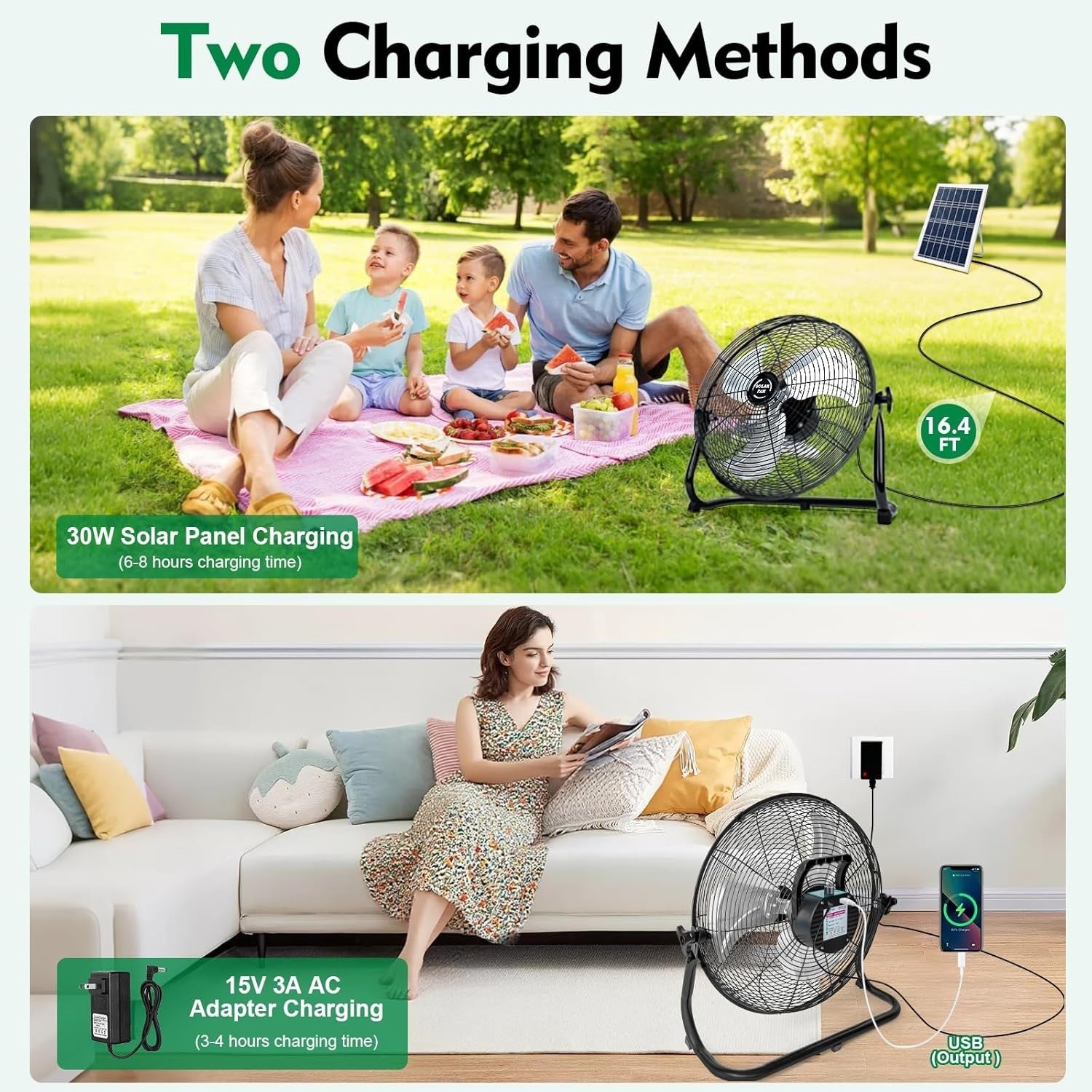 16-Inch Solar Floor Fan – 30W Panel 20,000mAh Rechargeable 18-Speed Cooling Tilt