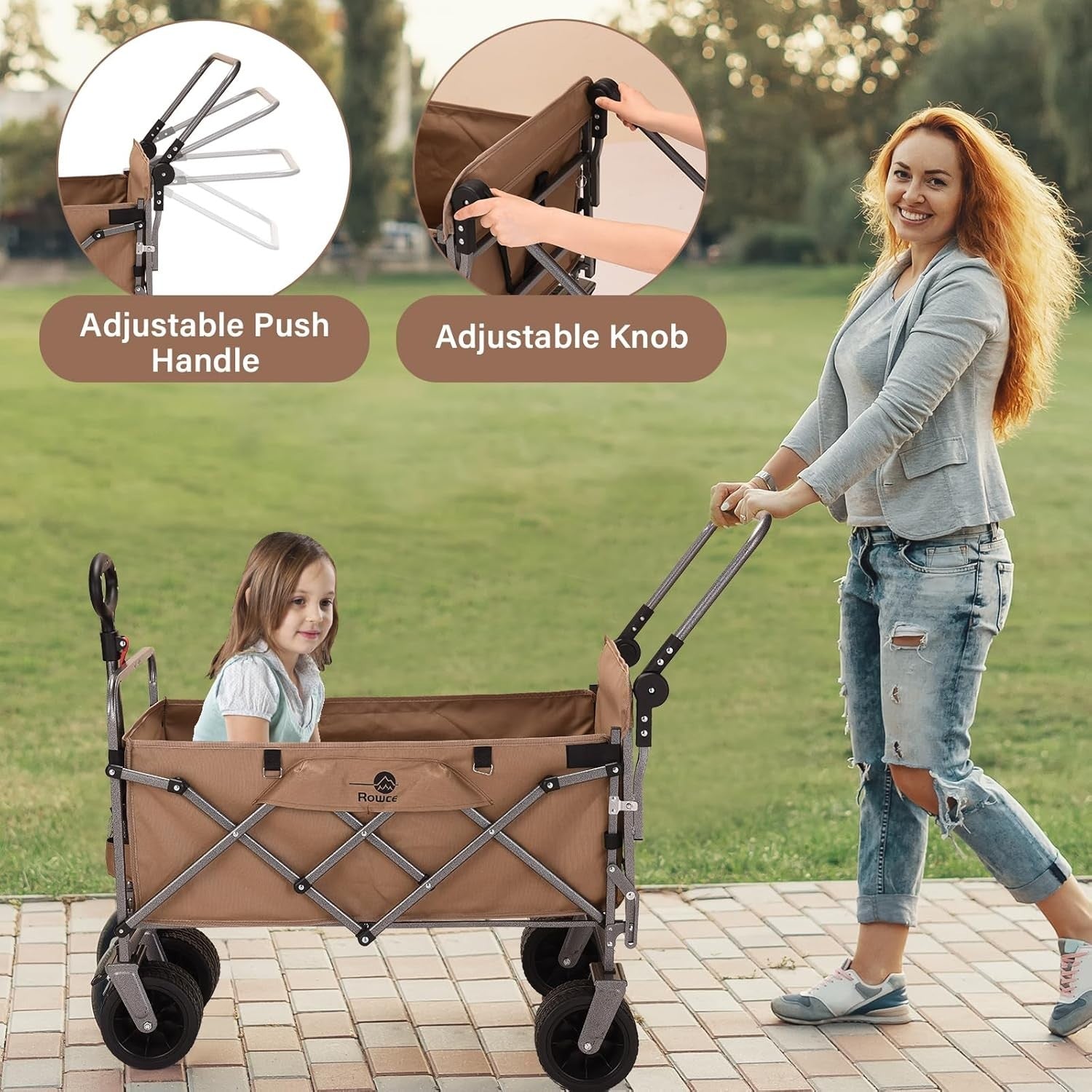 Folding Festival Trolley 225L with Brakes Push Pull Cart Extra Wide Wheels Khaki