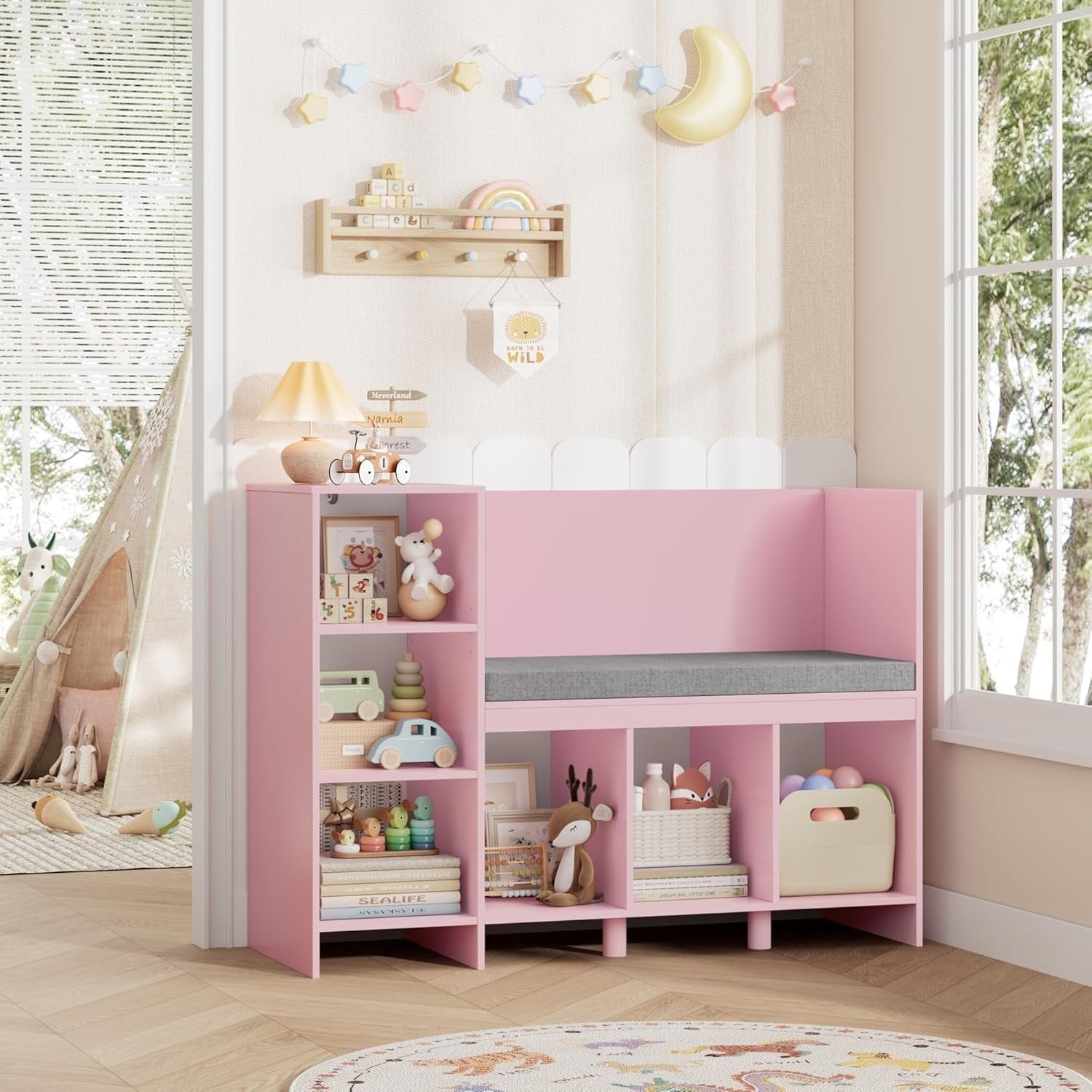 Kids Bookcase with Seat Cushion 6 Cube Toy Storage Shelf Bench Pink 110cm