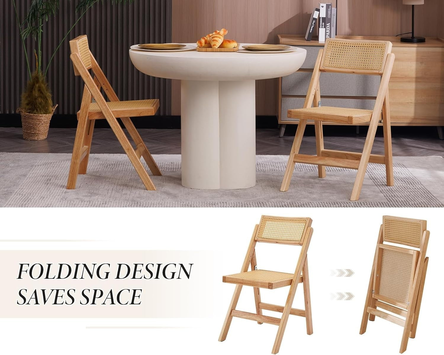 Folding Rattan Dining Chairs Set of 2 Wooden Frame Space Saving Kitchen