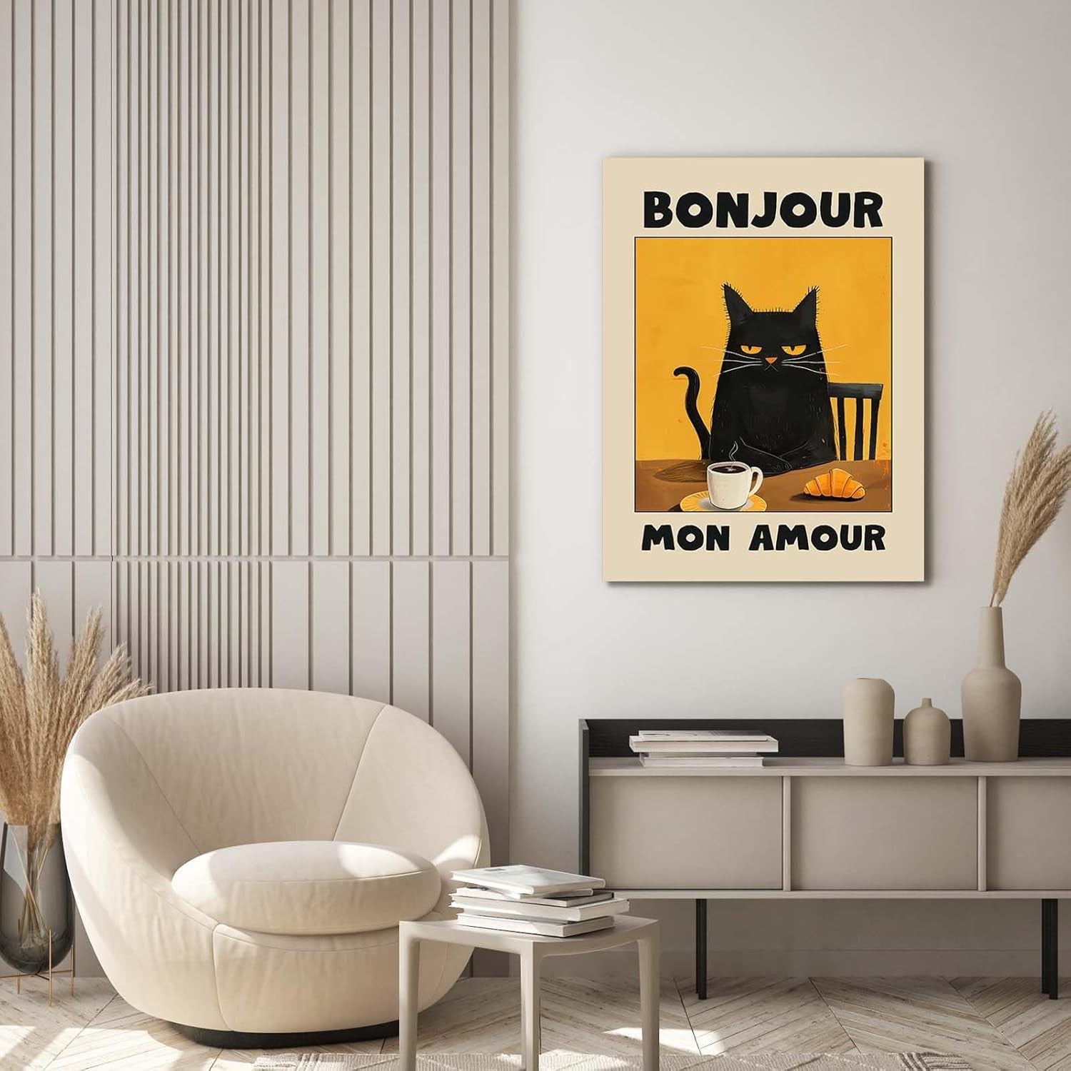 Bonjour Cat Canvas Wall Art 12x16 Framed Funny Kitchen Print