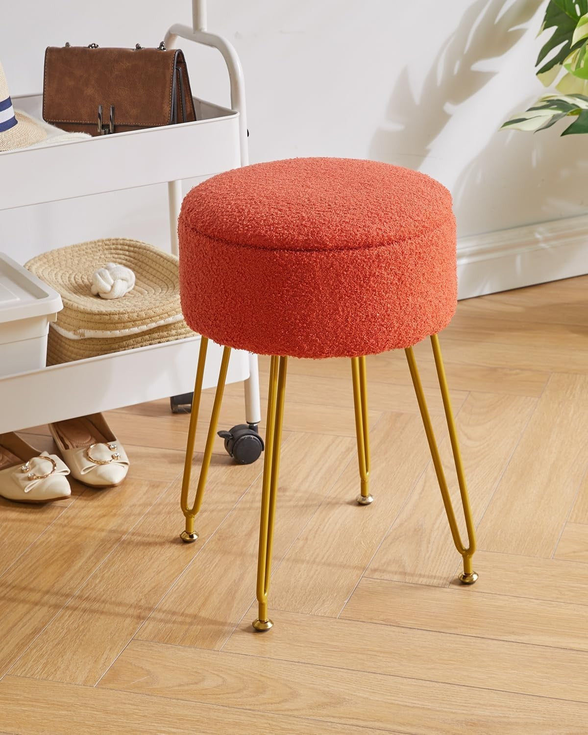 Orange Teddy Velvet Storage Footrest Stool – Vanity Ottoman with Golden Legs