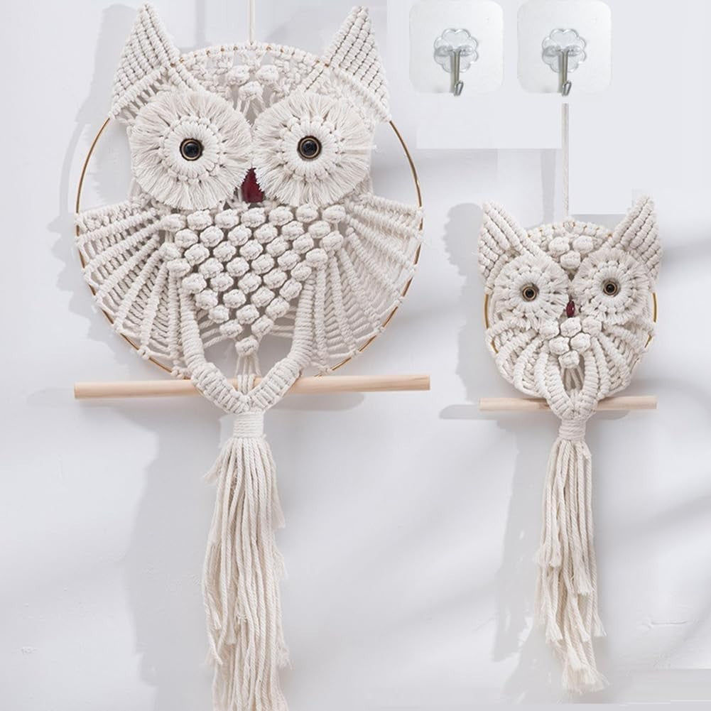 2PCS Owl Macrame Wall Hanging 65x30cm Boho Woven Tapestry