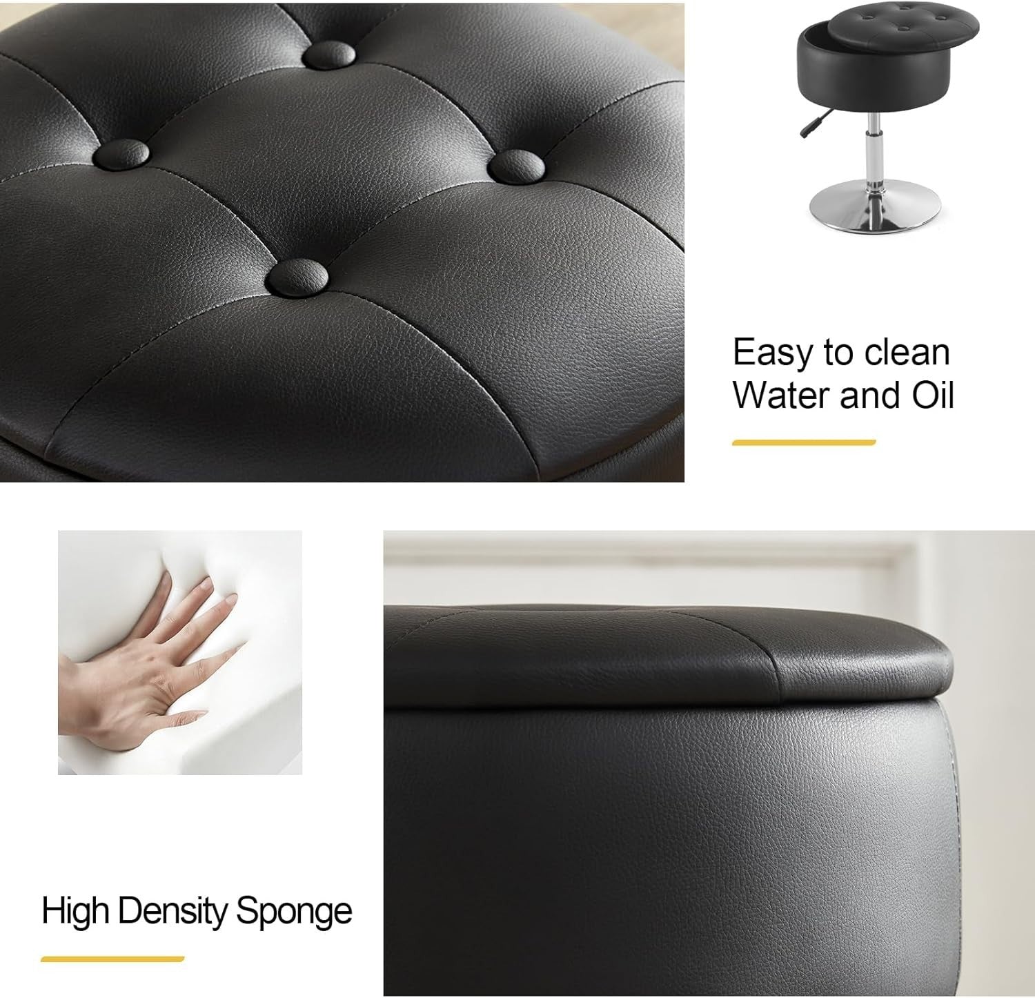 Black PU Leather Adjustable Vanity Chair – Round Swivel Makeup Stool w/ Storage