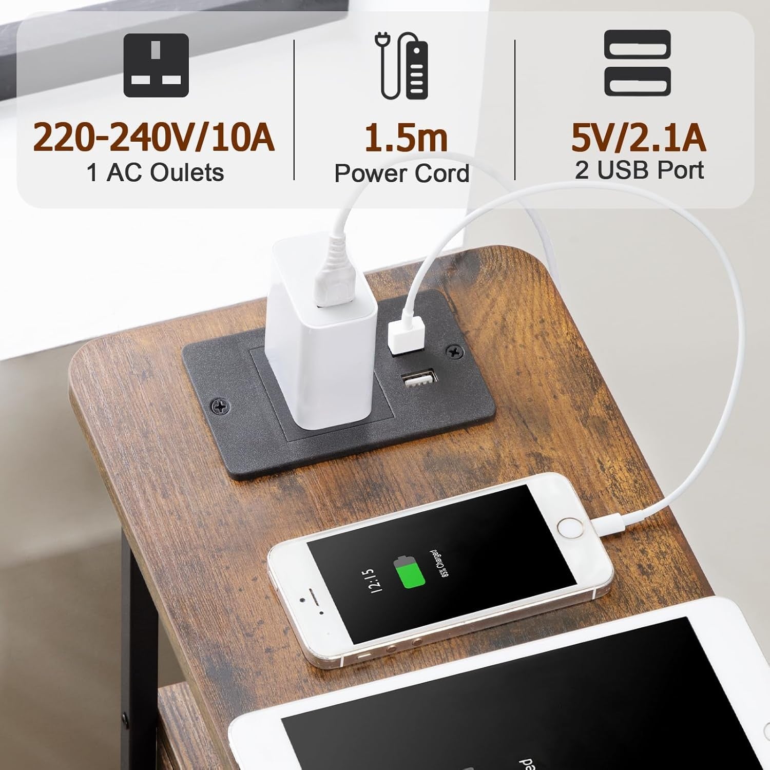 Slim Rustic Bedside Tables Set of 2 with Charging Station & Storage Drawers