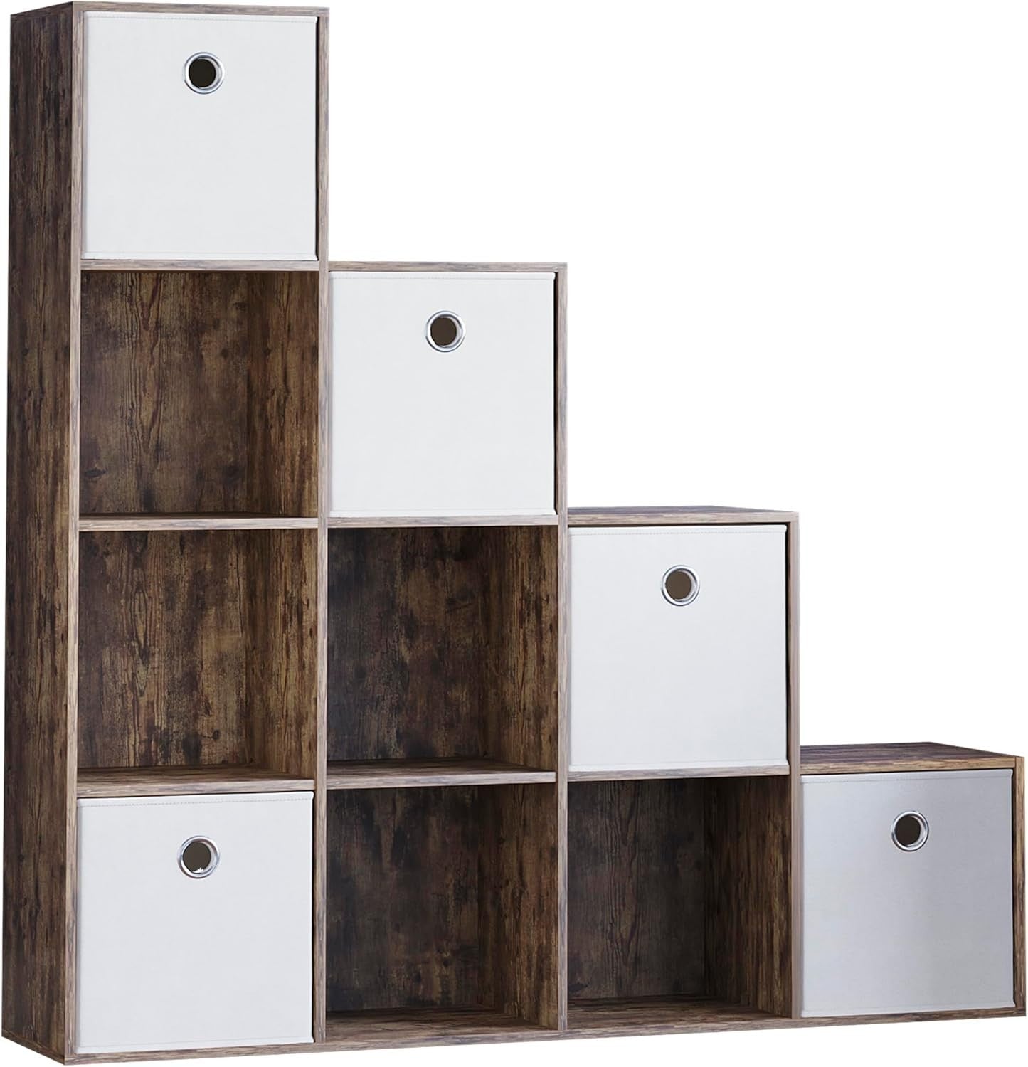Dark Wood 10 Cube Staircase Bookcase with 5 White Baskets Storage Unit
