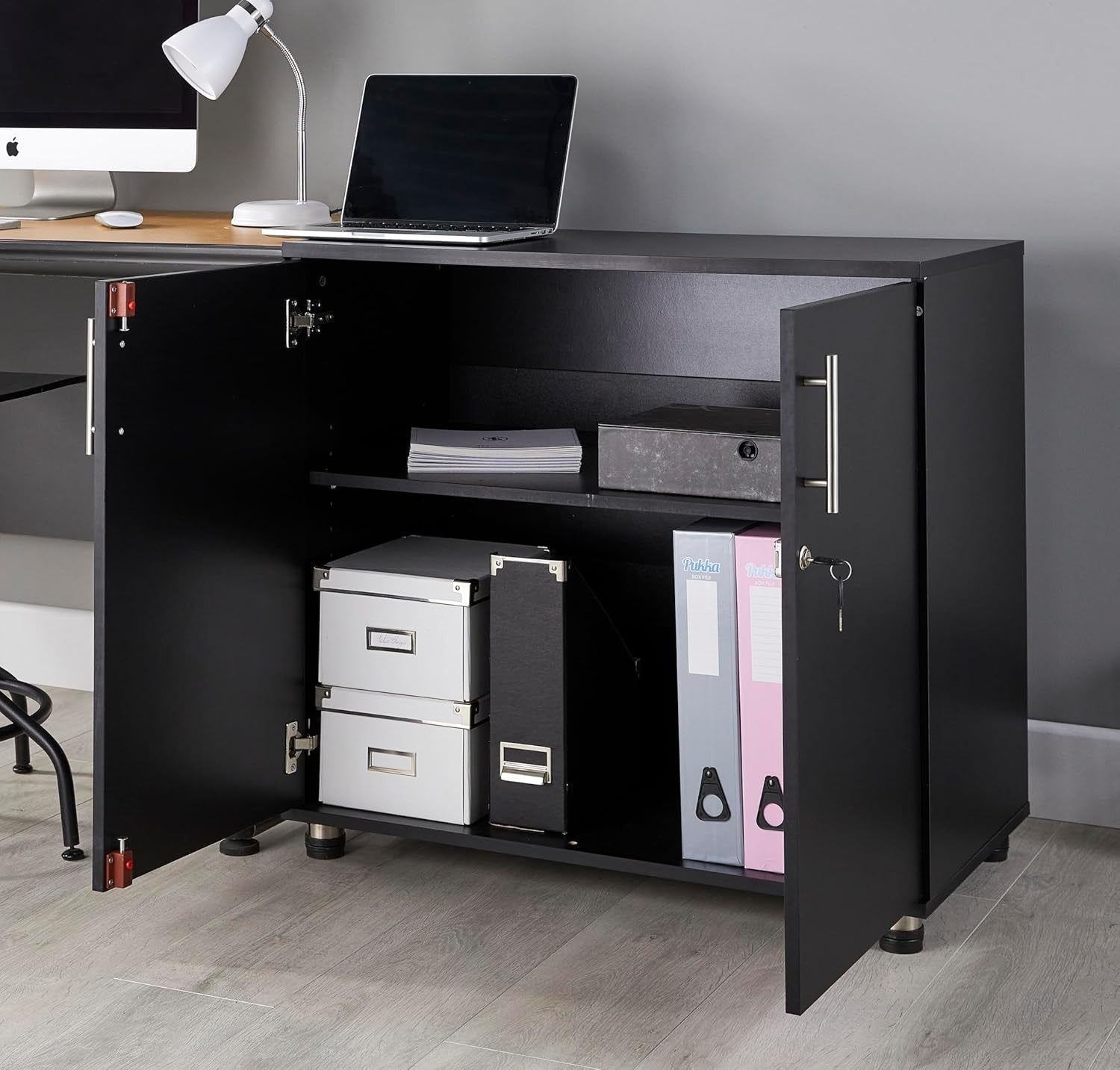 Black Storage Cabinet with Lock Doors 2 Tier Cupboard Adjustable Shelves