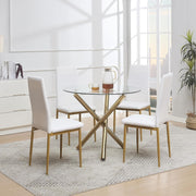 Modern Round Glass Dining Table Set with 4 Chairs | Gold Legs | Space Saving
