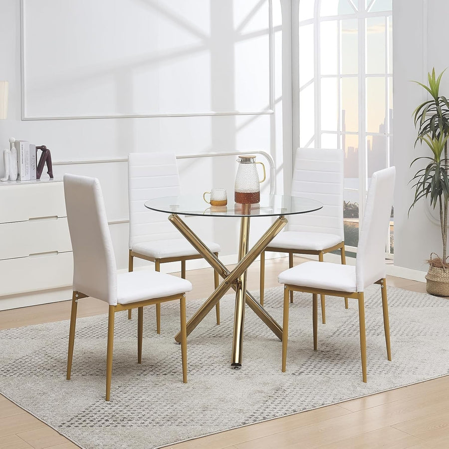 Modern Round Glass Dining Table Set with 4 Chairs | Gold Legs | Space Saving