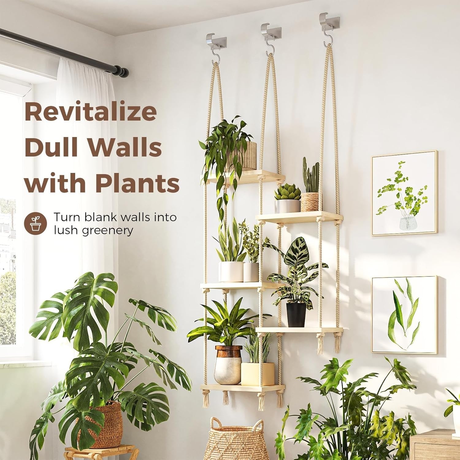 5-Tier Boho Hanging Window Plant Shelf Wooden Indoor Decor