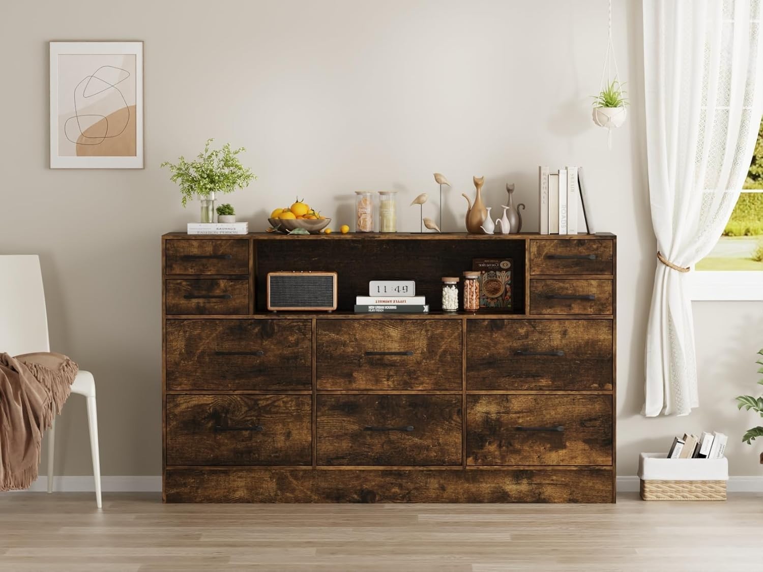 Rustic 10 Drawer LED Storage Cabinet with Wood Top for Bedroom 120x72cm