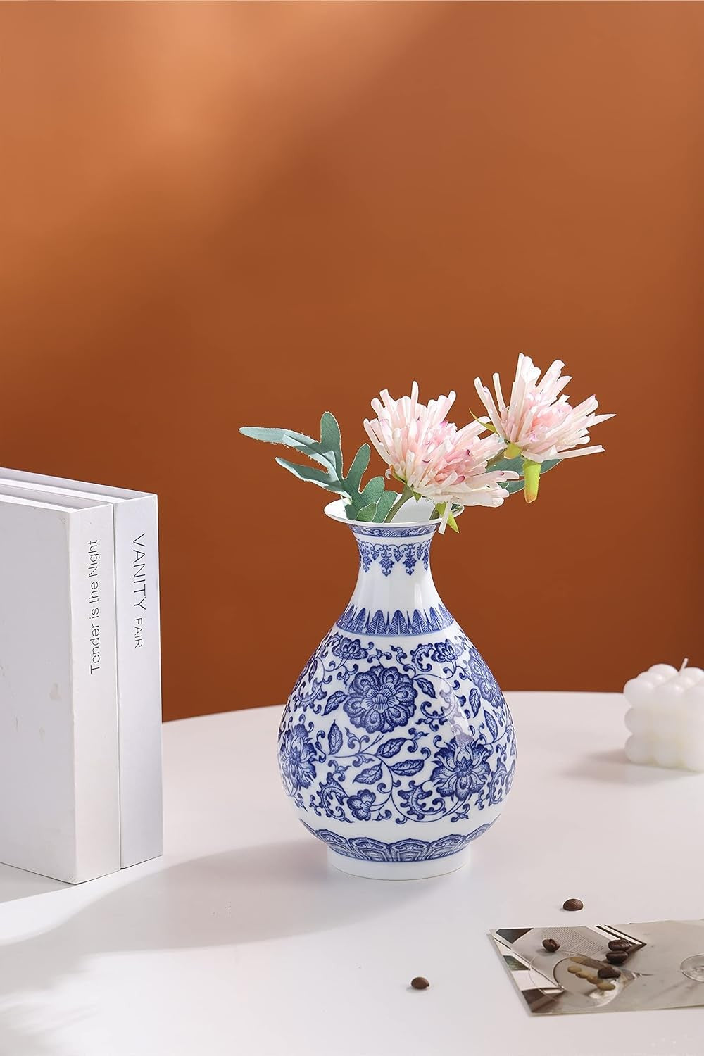 Blue White Chinoiserie Ceramic Vase 8in Glossy Floral Table Centerpiece