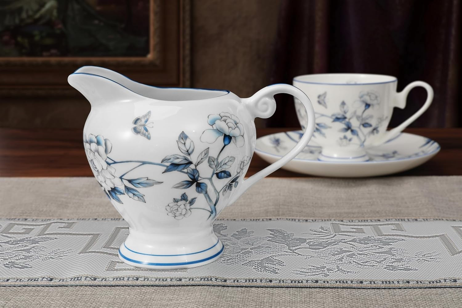 21pc Fine Bone China Tea Set Peacock Design Teapot Cups Saucers Gold Trim