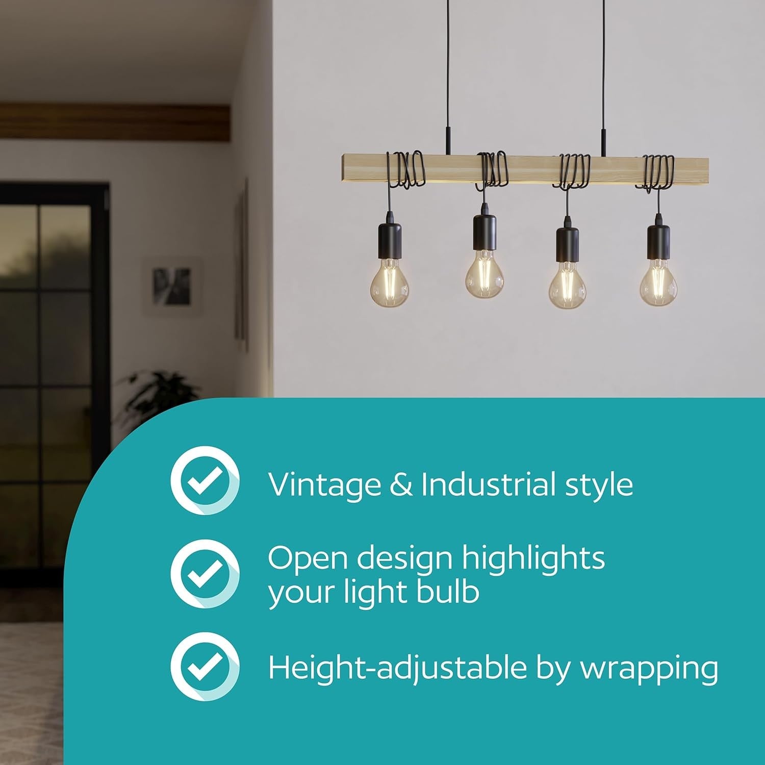 4 Light Industrial Pendant Ceiling Lamp Wood & Metal Vintage E27