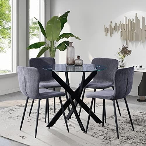 Round Dining Table 80cm Black Metal Legs Tempered Glass Modern Kitchen