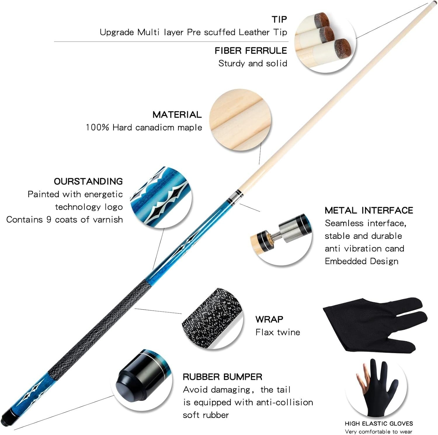 Maple Half Joint Pool Cue 58in 13mm Tip Irish Linen 19–20oz Kit