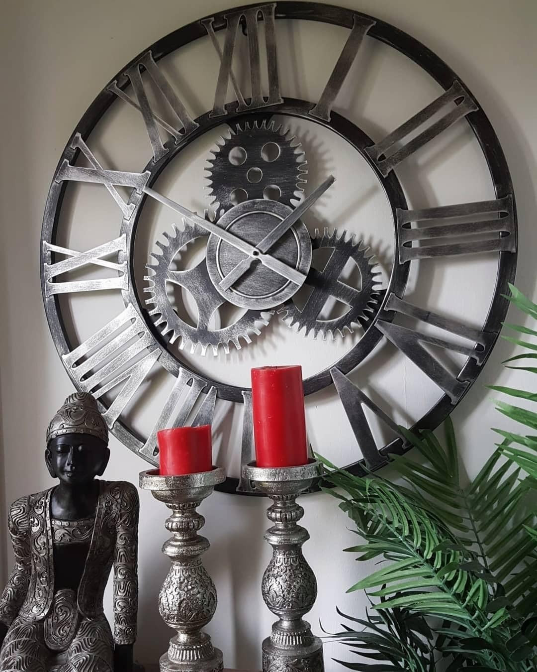 76cm Industrial Metal Gear Wall Clock - Rustic Silver Skeleton Roman Numerals V