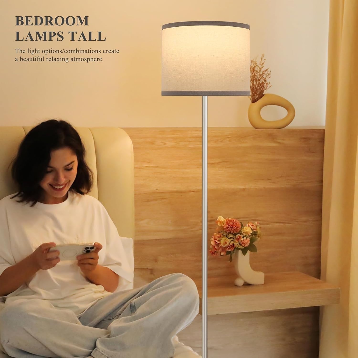 Modern Grey Floor Lamp Dimmable with Remote Silver Pole 153cm 9W LED